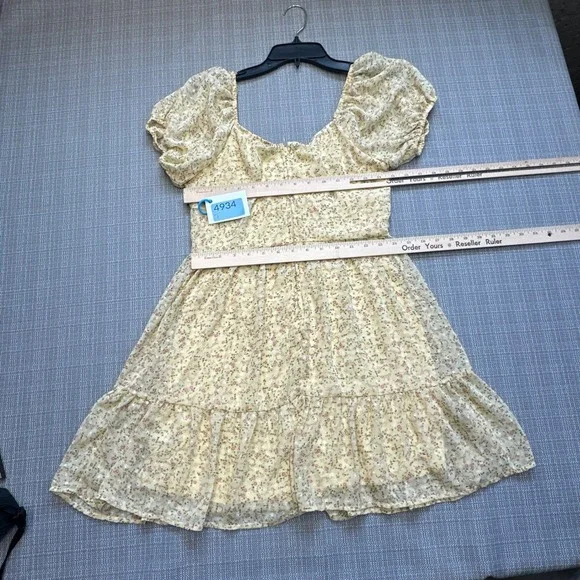 Trixxi Butter Yellow Floral Dress Medium Puff Sleeve Babydoll Sheer Overlay * - Picture 6 of 11